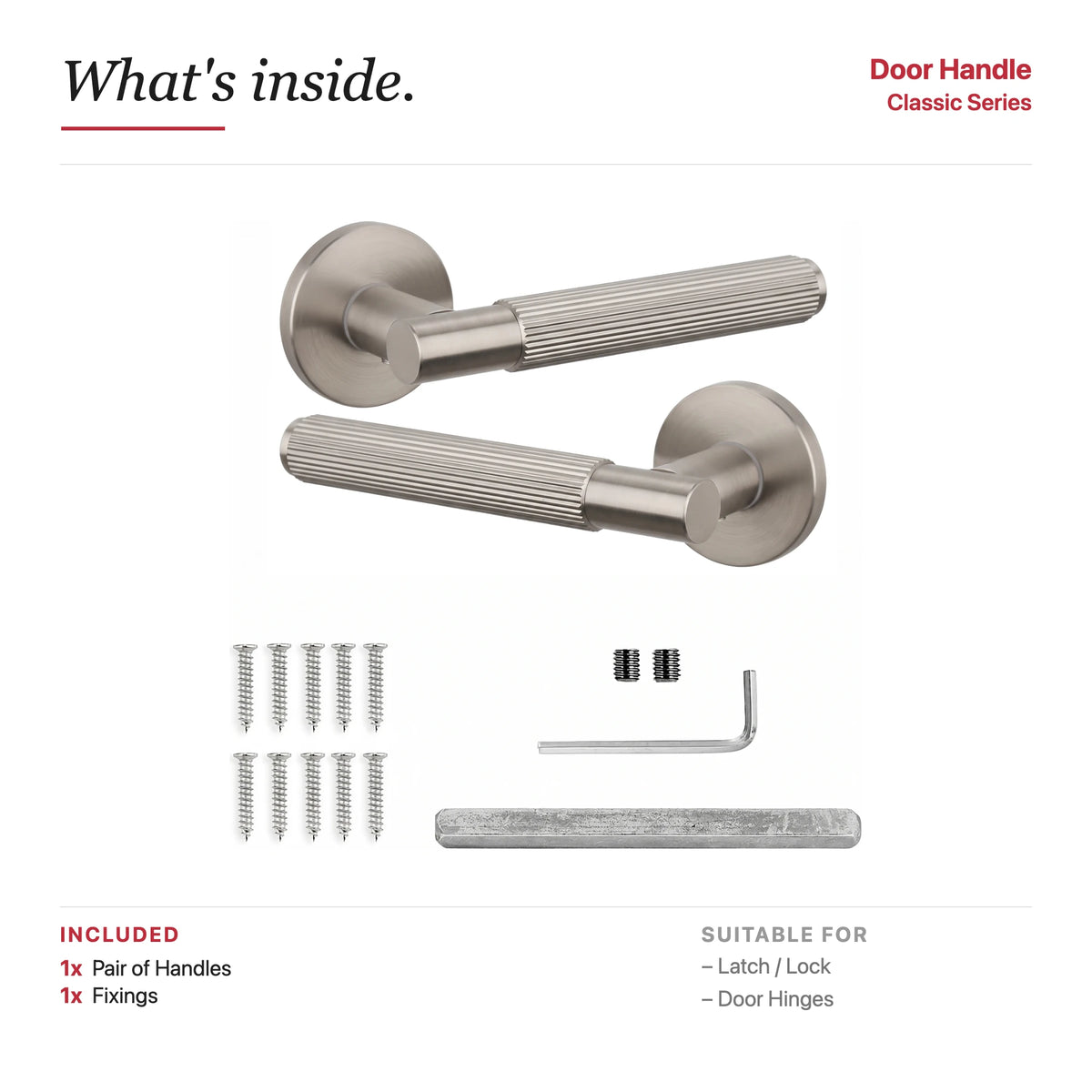 Hera Internal Door Handles - Brushed Satin Nickel – showing what's included in the box
