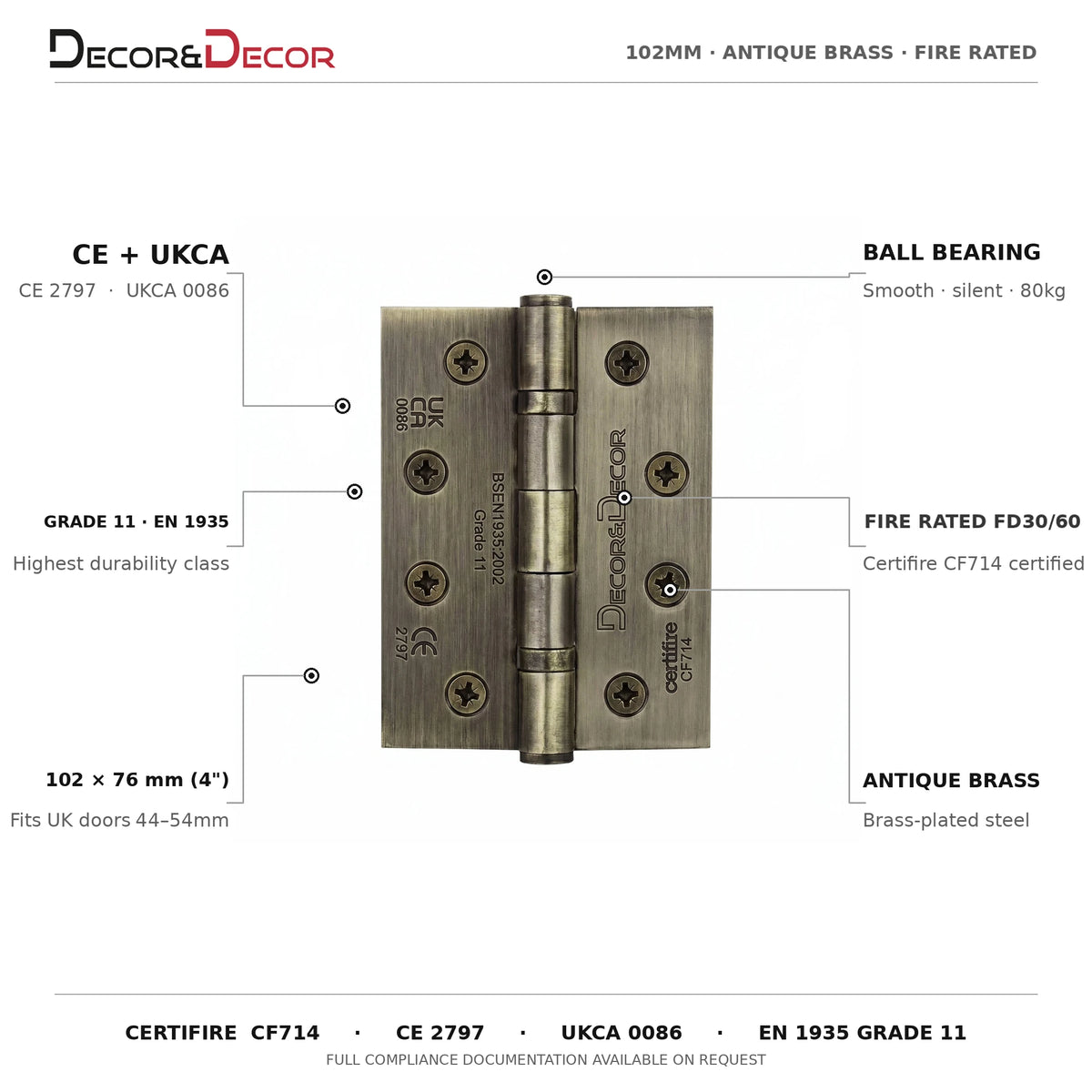 Ball Bearing Fire Rated Door Hinges - 102mm - Pair - Antique Brass – product information and specifications