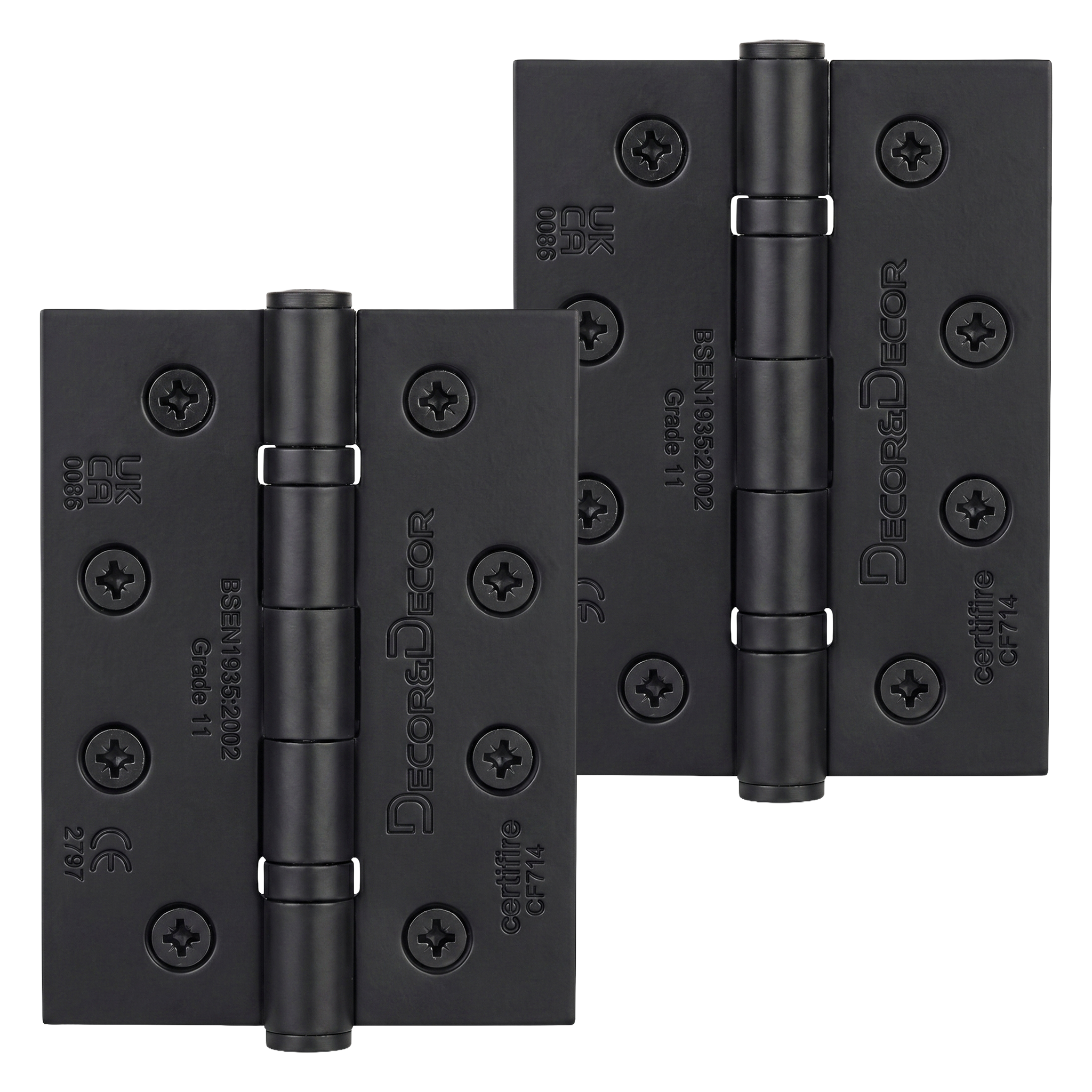 Two black fire rated ball bearing door hinges with 'DecorAndDecor' branding on a white background