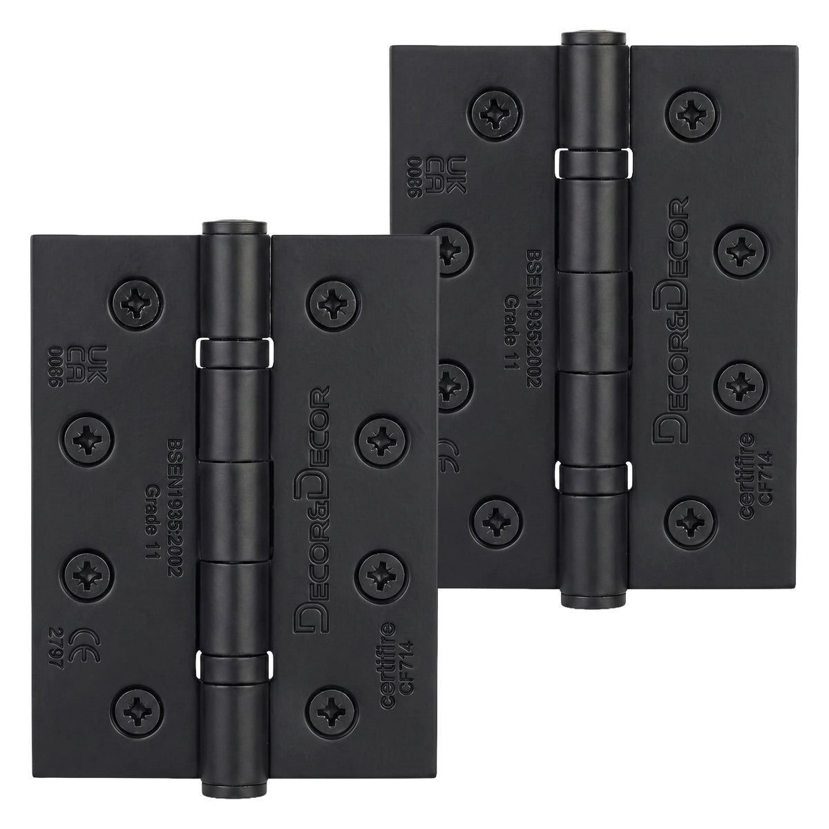 Two black fire rated ball bearing door hinges with 'DecorAndDecor' branding on a white background