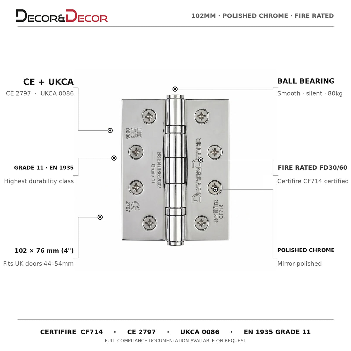 Ball Bearing Fire Rated Door Hinges - 102mm - Pair - Polished Chrome – product information and specifications
