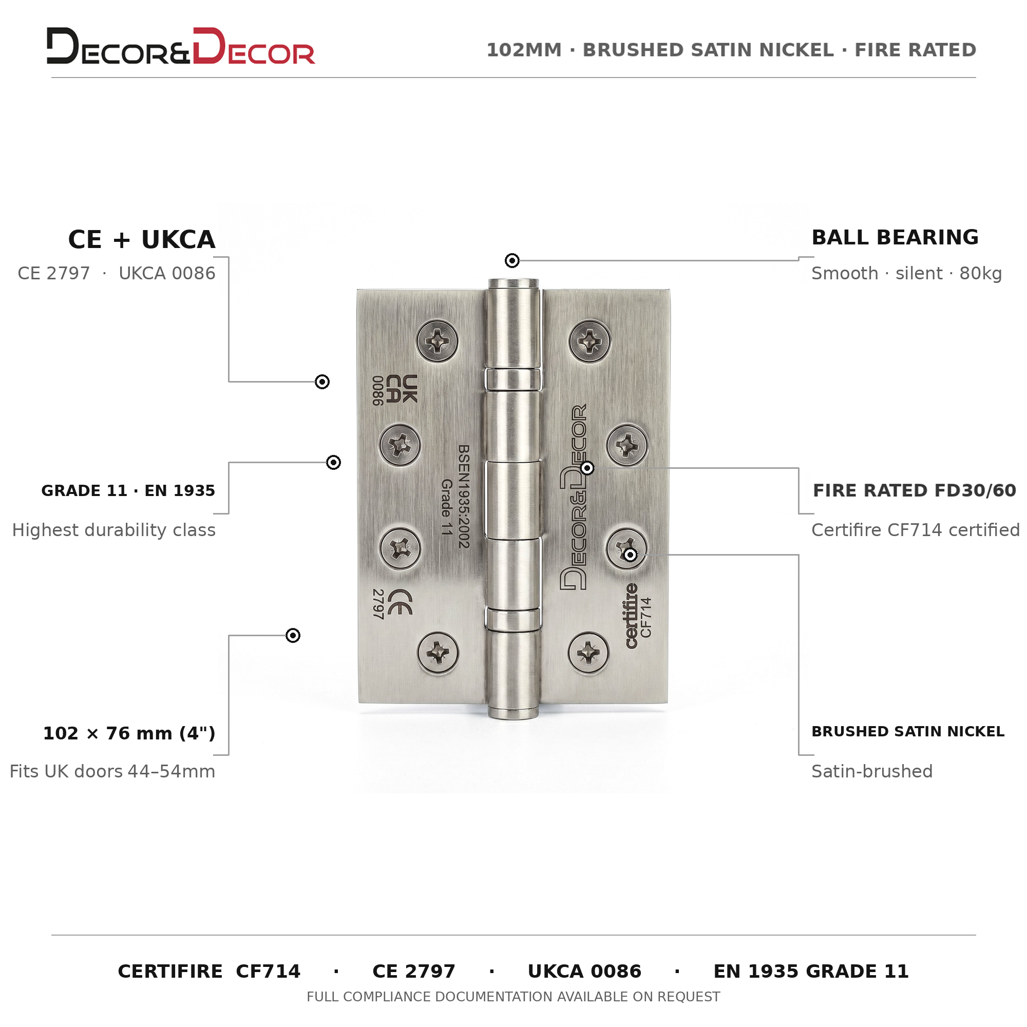 Ball Bearing Fire Rated Door Hinges - 102mm - Pair - Satin Nickel