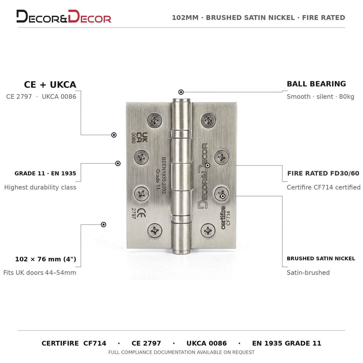 Ball Bearing Fire Rated Door Hinges - 102mm - Pair - Satin Nickel – product information and specifications