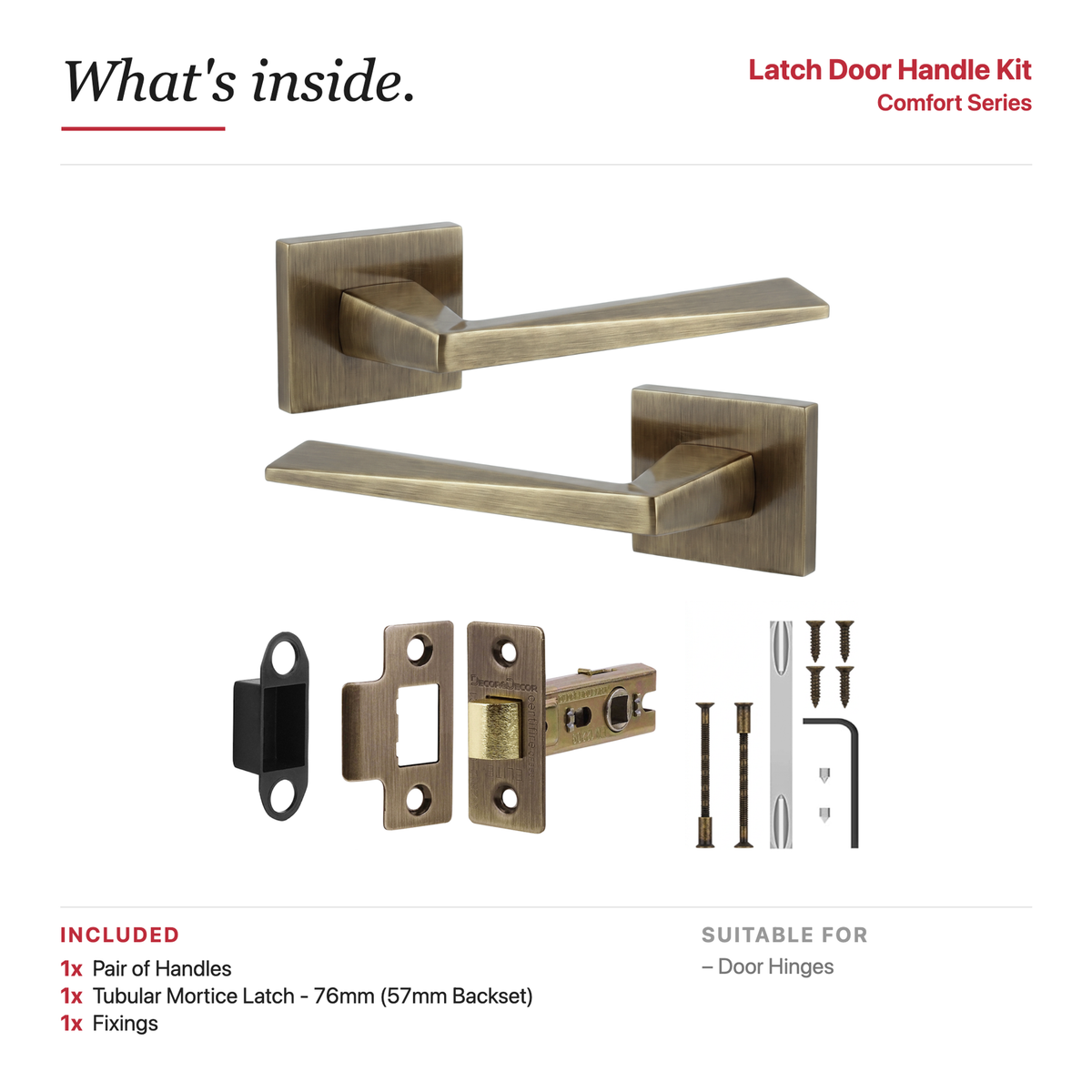 Leda Antique Brass Passage Door Lever Handles – showing what's included in the box