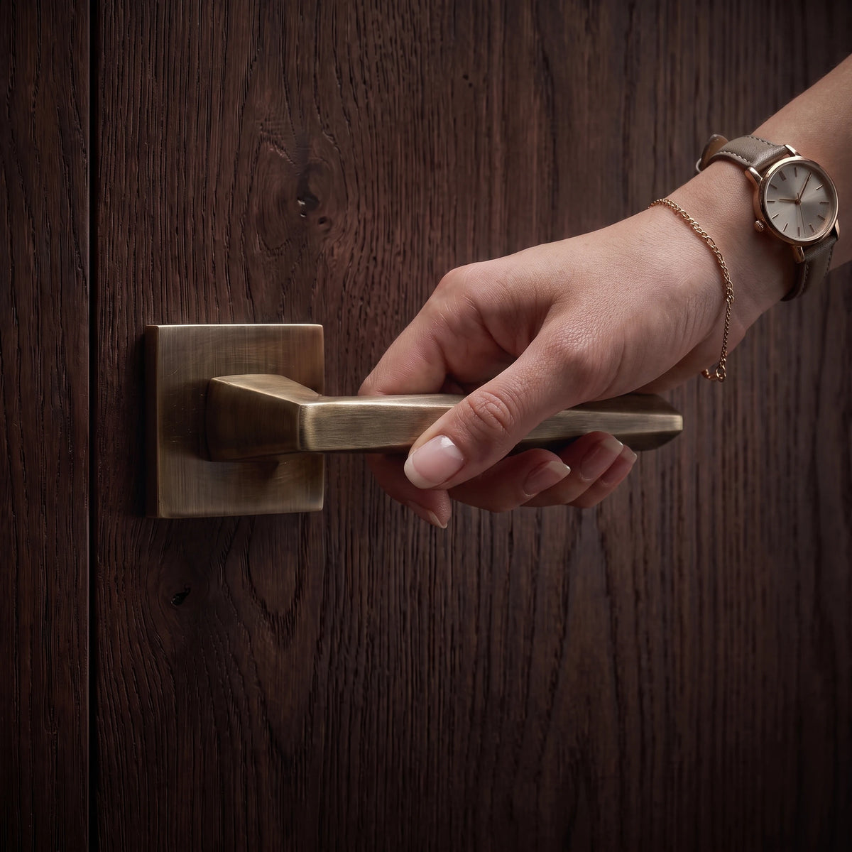 Leda Antique Brass Passage Door Handles – held in hand to show the size and finish