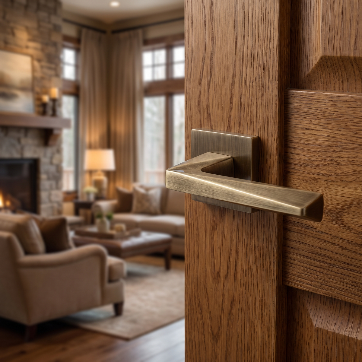 Leda Antique Brass Passage Door Lever Handles – fitted on an interior door in a styled room setting 4