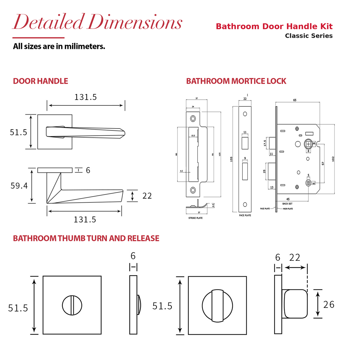 Leda Matt Black Bathroom Door Handles – dimensions and measurements diagram