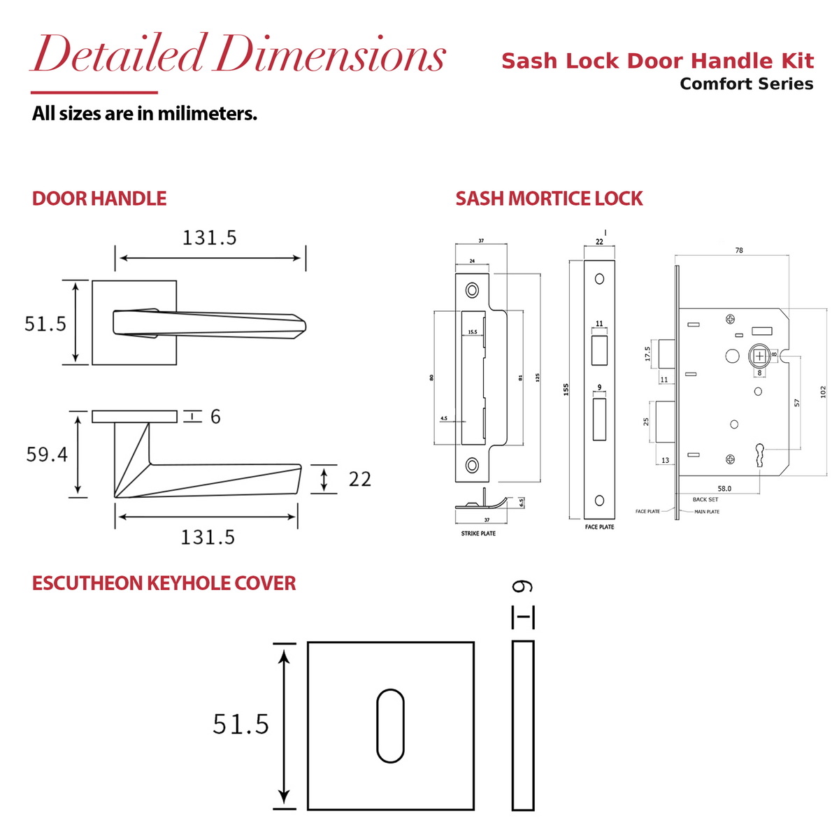 Leda Matt Black Privacy Door Lever Handles – dimensions and measurements diagram