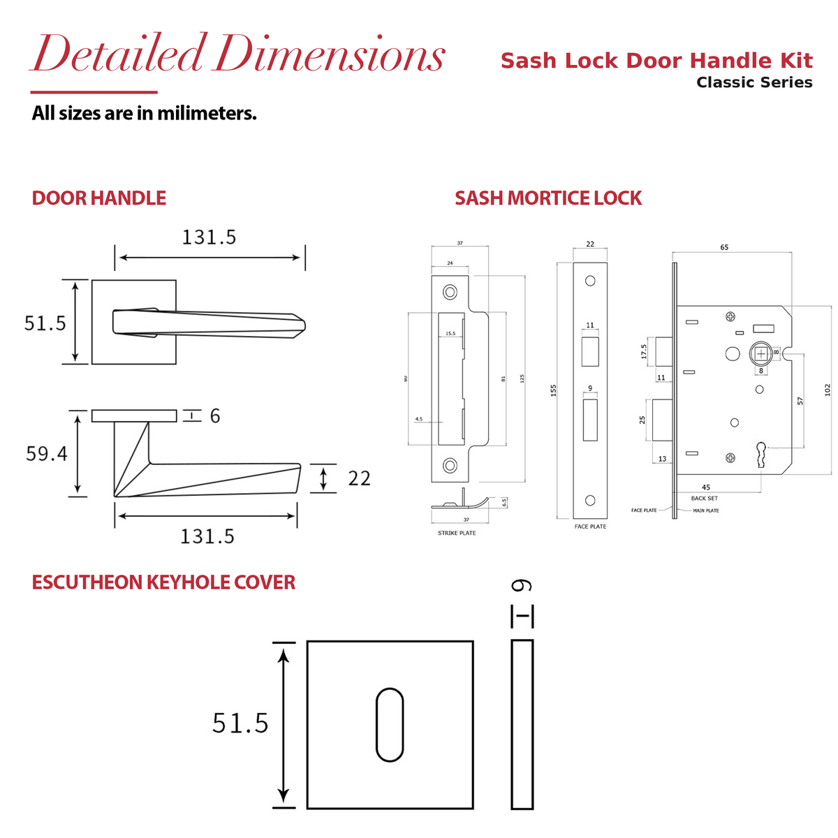 Leda Matt Black Privacy Door Handles – dimensions and measurements diagram