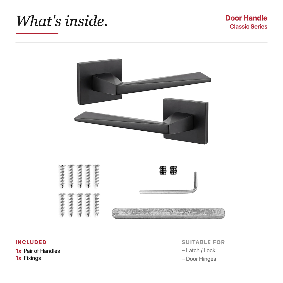 Leda Internal Door Handles - Matt Black – showing what's included in the box