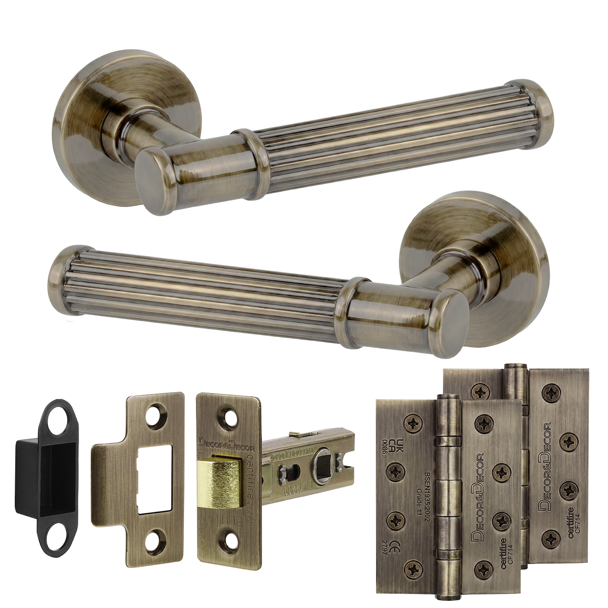 Leto Antique Brass Passage Door Lever Handles - Hinge Kit 102mm