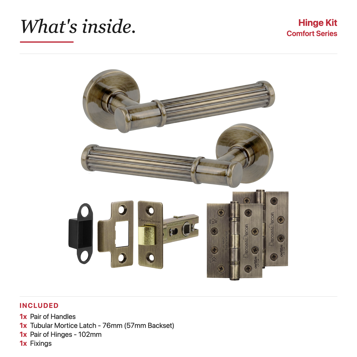 Leto Antique Brass Passage Door Lever Handles – showing what's included in the box