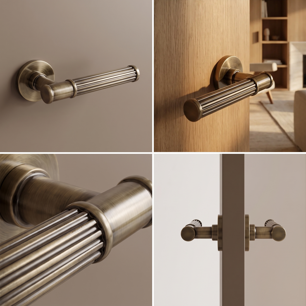 Leto Antique Brass Door Lever Handles – fitted on an interior door in a styled room setting 2