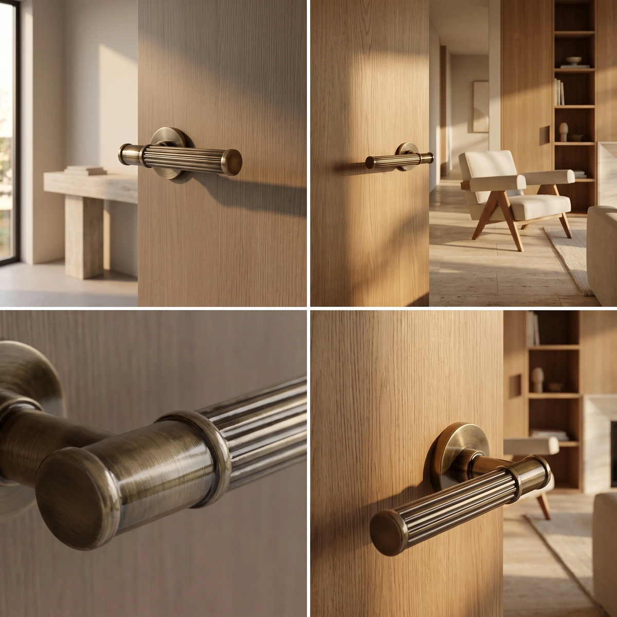 Leto Antique Brass Door Lever Handles – fitted on an interior door in a styled room setting 3