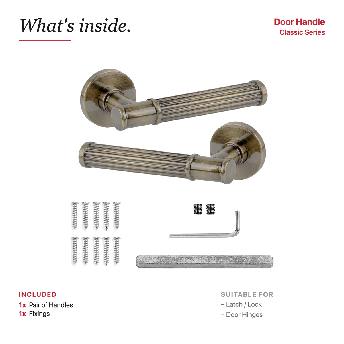 Leto Antique Brass Door Lever Handles – showing what's included in the box