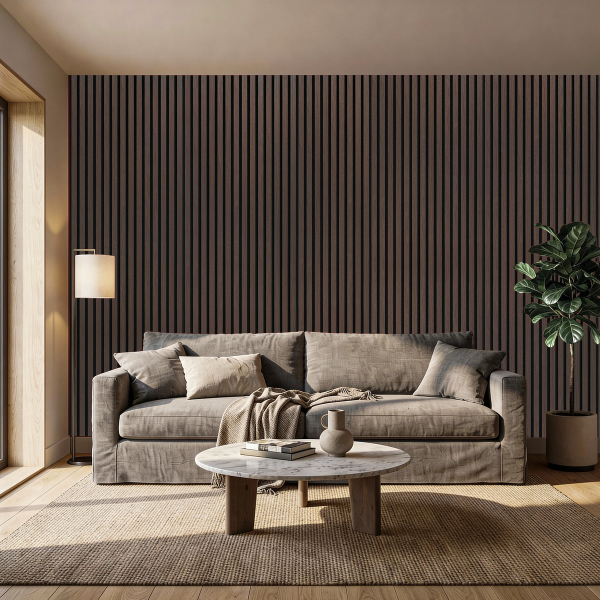 Acoustic Slat Wood Wall Panel - Smoked Oak - 2400 – in a styled room setting