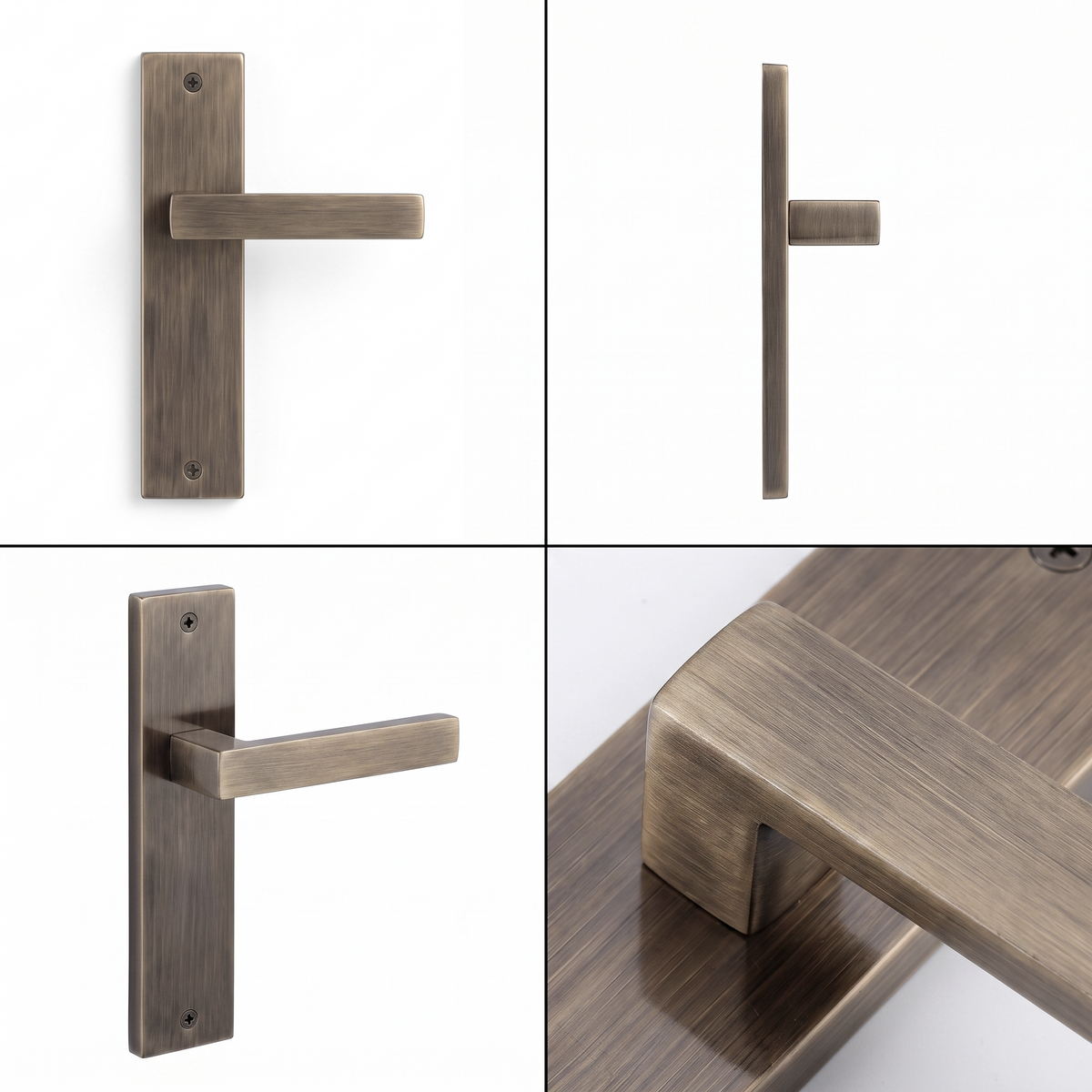 Lumina Antique Brass Door Lever Handles on Backplate – shown from multiple angles