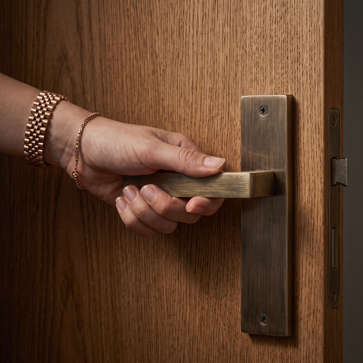 Lumina Antique Brass Passage Door Lever Handles on Backplate – held in hand to show the size and finish