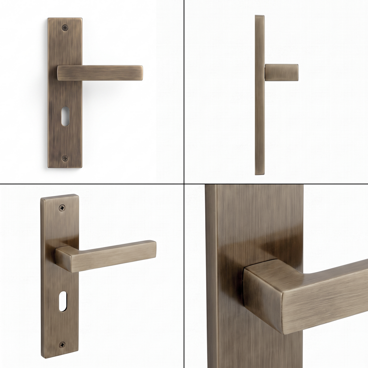 Lumina Antique Brass Privacy Door Lever Handles on Backplate – shown from multiple angles