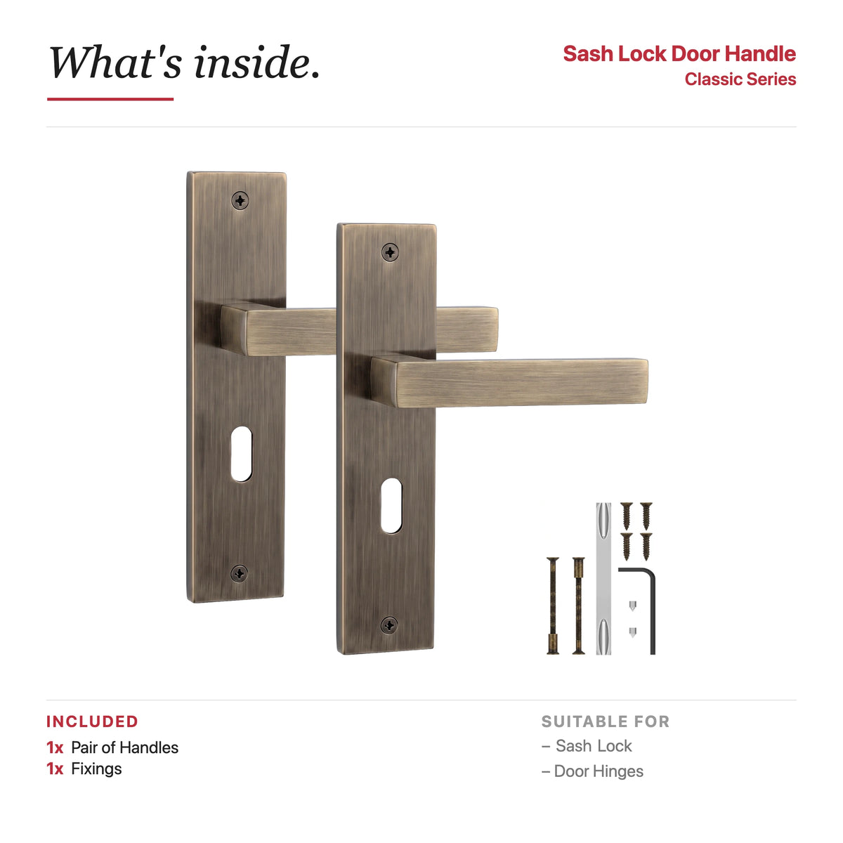 Lumina Antique Brass Door Lever Handles on Backplate – showing what's included in the box