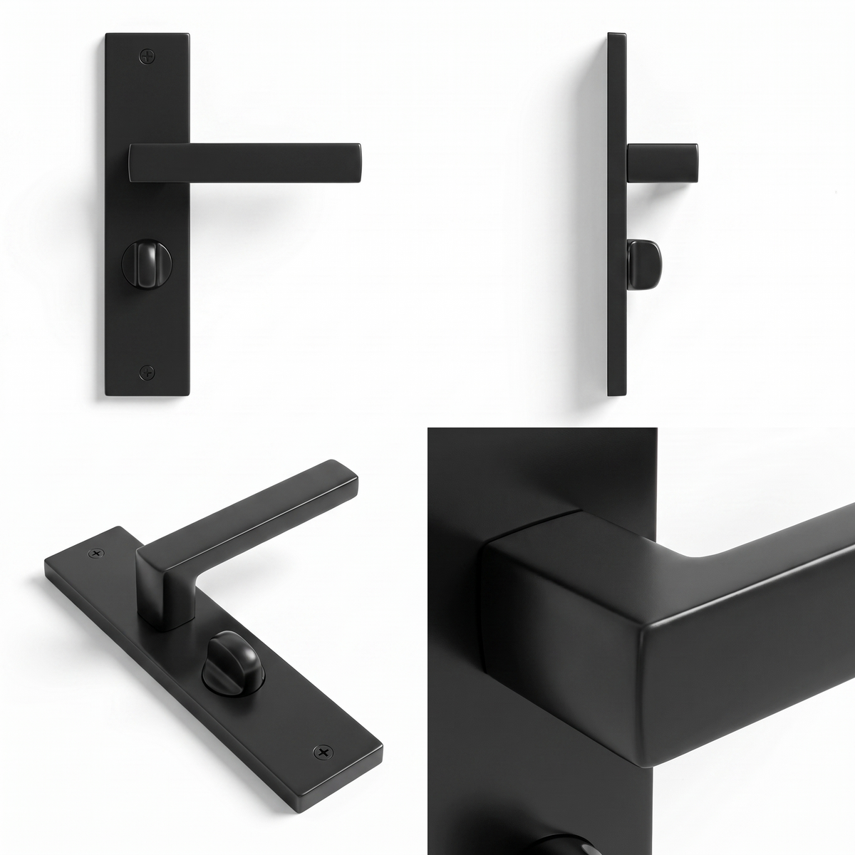 Lumina Matt Black Bathroom Door Lever Handles on Backplate – shown from multiple angles