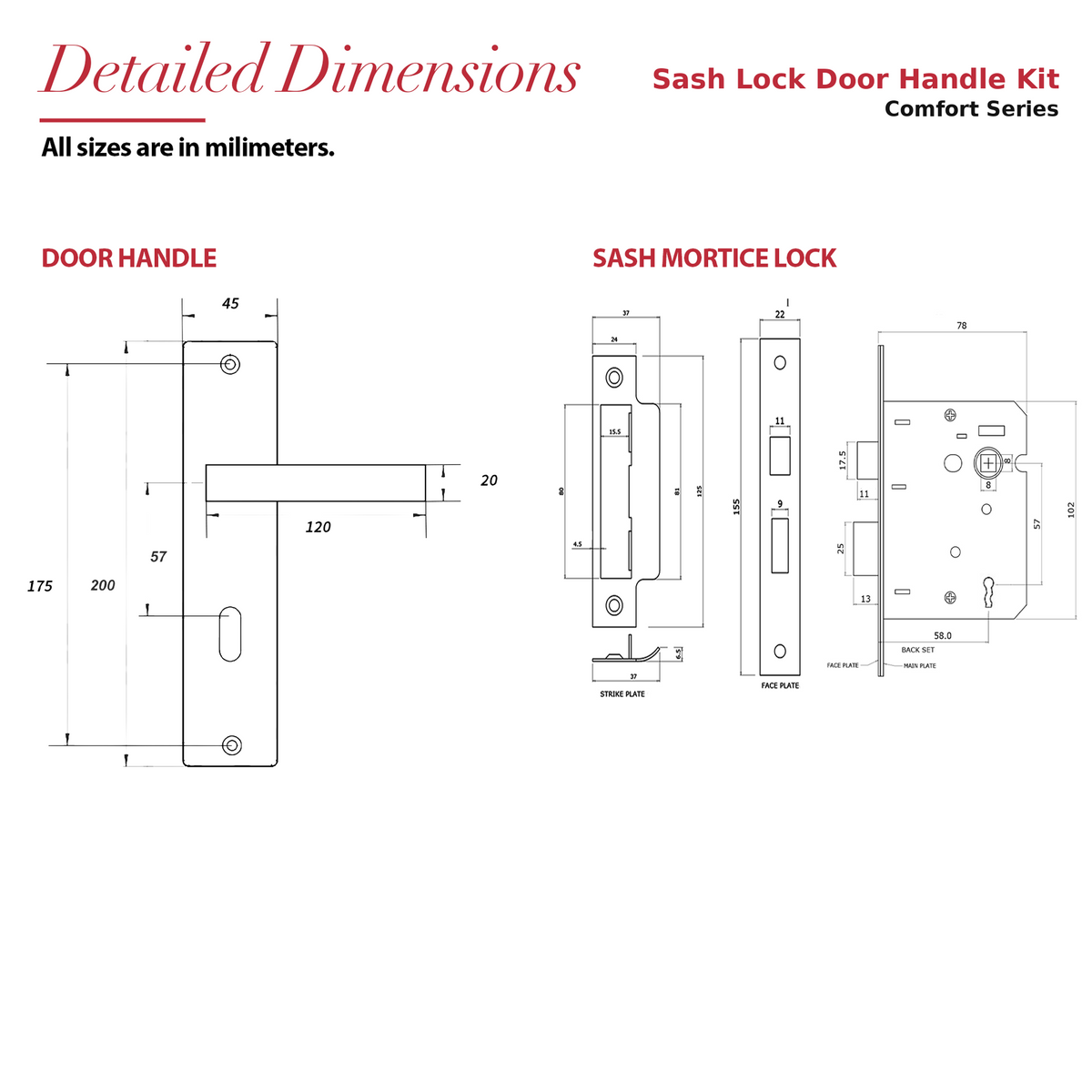 Lumina Matt Black Privacy Door Lever Handles on Backplate – dimensions and measurements diagram