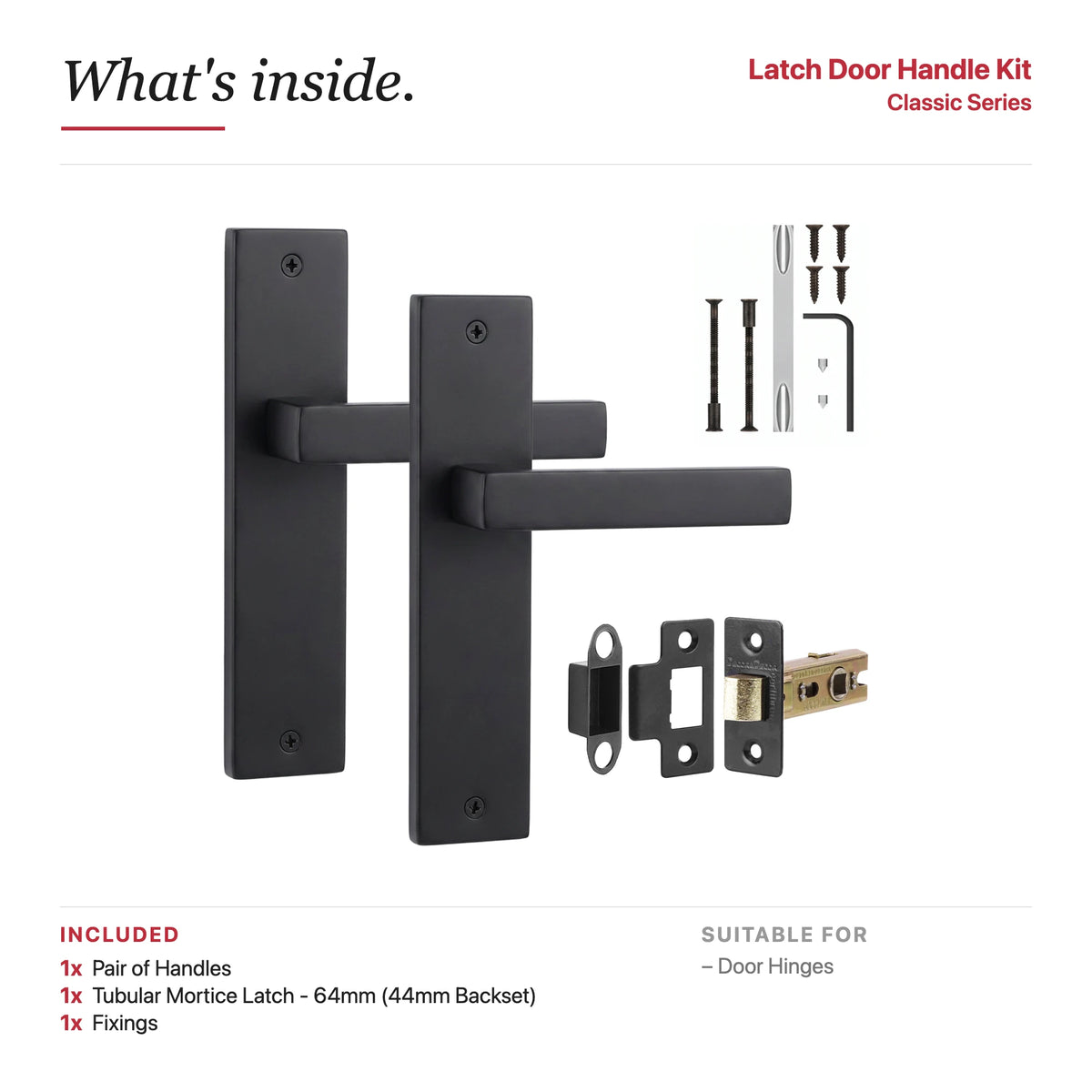 Lumina Matt Black Passage Door Handles on Backplate – showing what's included in the box
