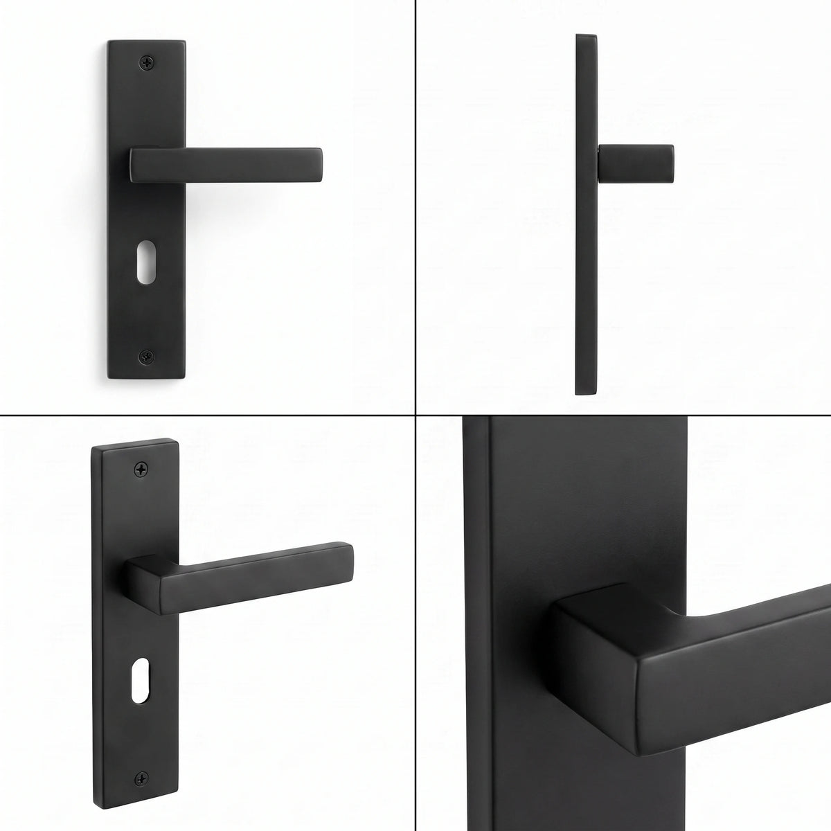 Lumina Matt Black Door Lever Handles on Backplate – shown from multiple angles