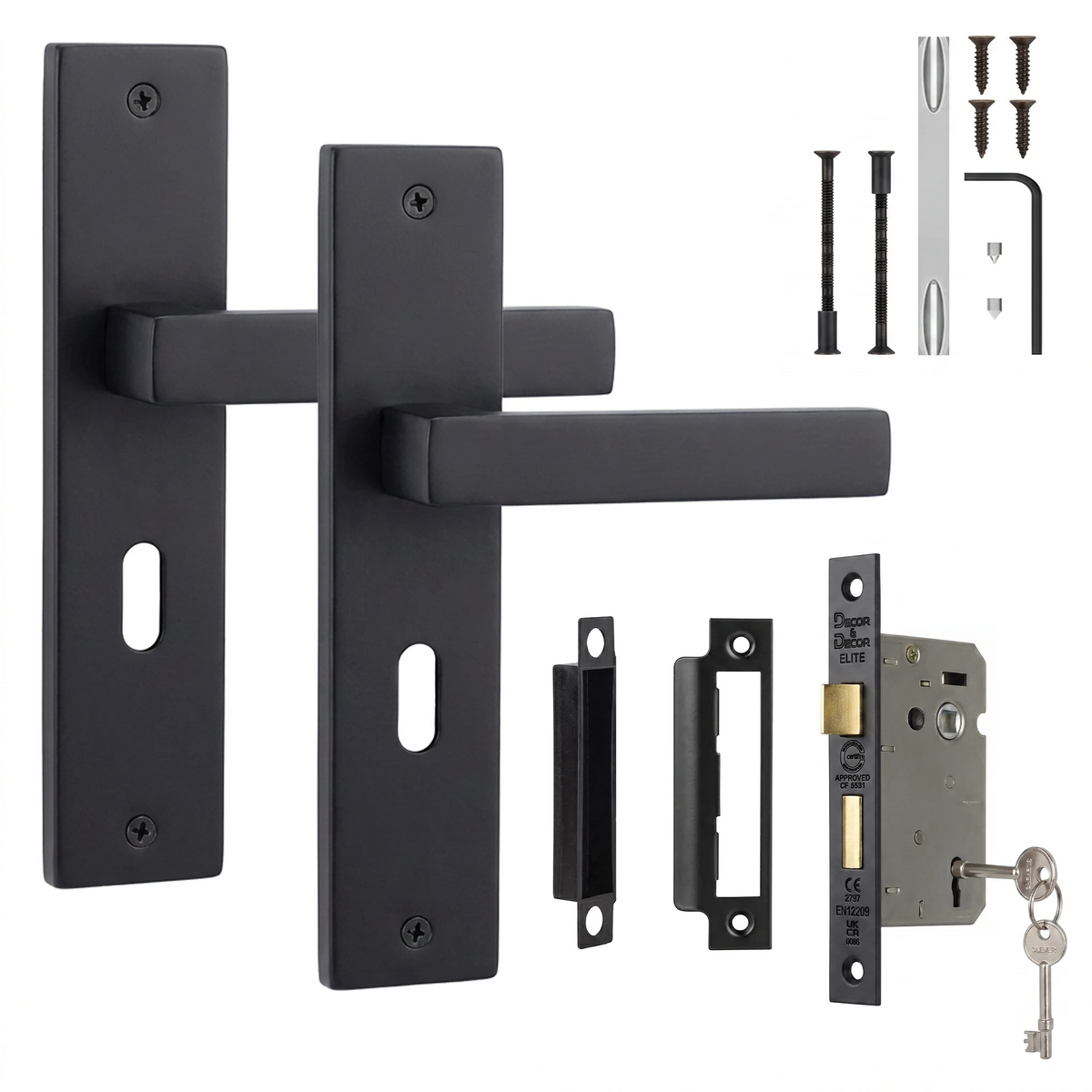 Lumina Matt Black Privacy Door Handles on Backplate with Keys - Sash Lock Kit Set