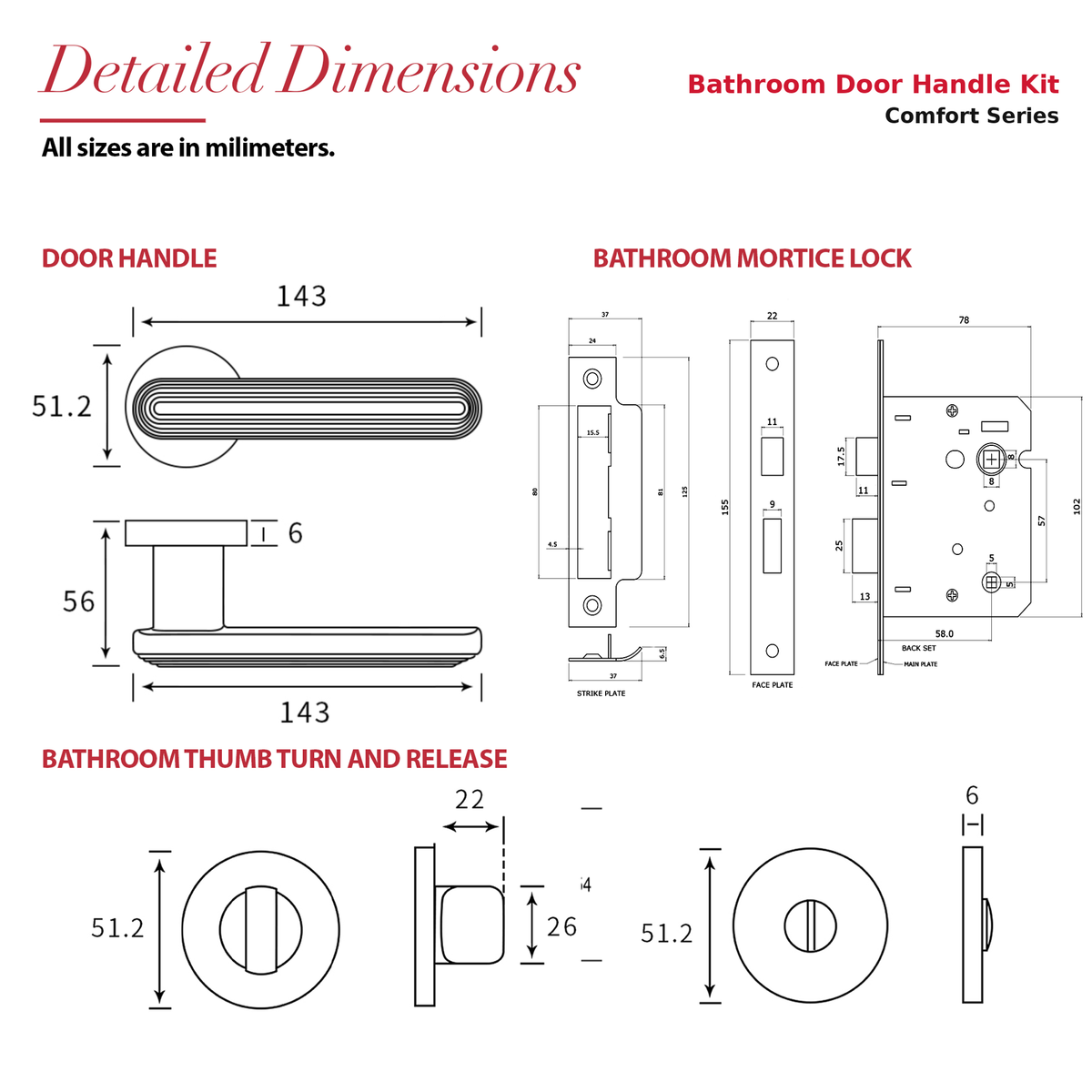 Marin Antique Brass Bathroom Door Lever Handles – dimensions and measurements diagram