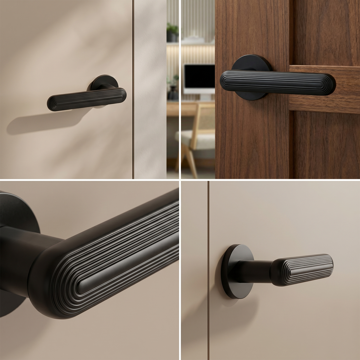 Marin Matt Black Privacy Door Lever Handles – fitted on an interior door in a styled room setting 2