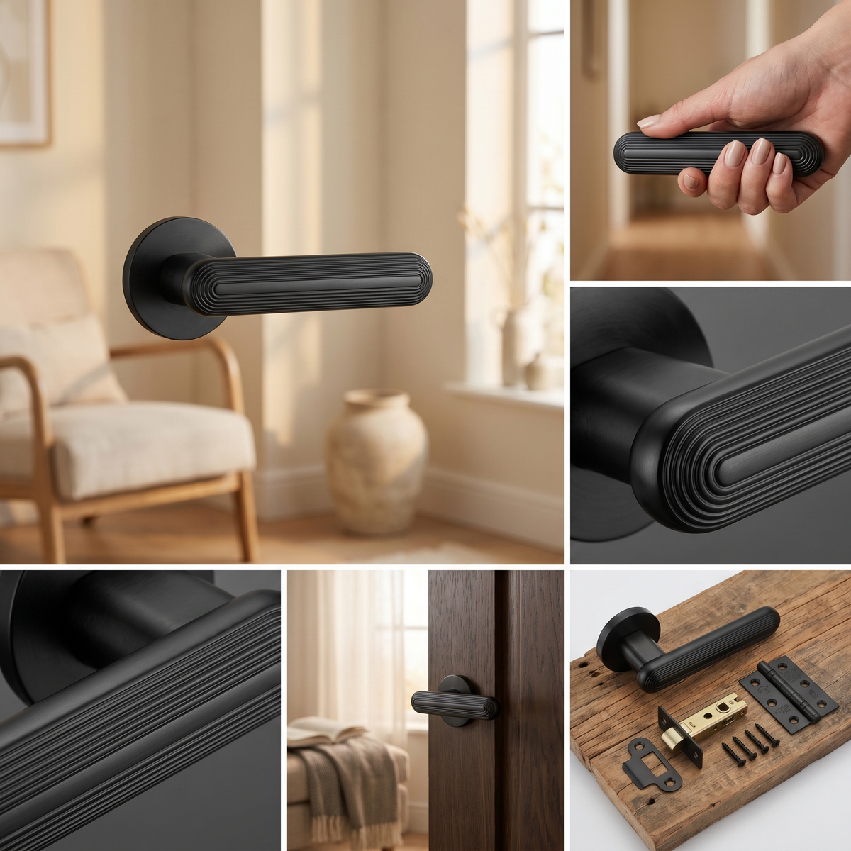 Marin Matt Black Bathroom Door Lever Handles – fitted on an interior door in a styled room setting 3