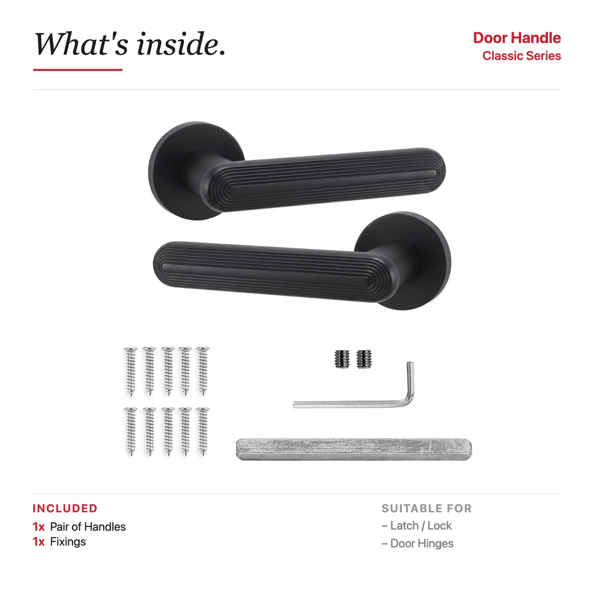 Marin Matt Black Door Lever Handles – showing what's included in the box