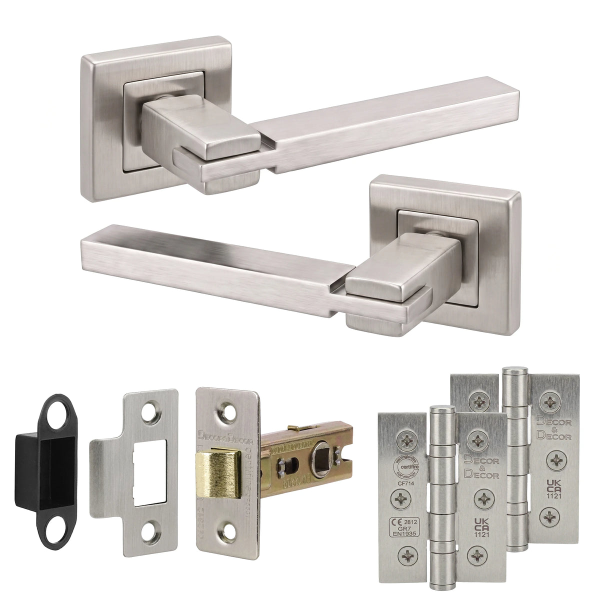 Nexus Satin Nickel Passage Door Lever Handles - Latch and Hinge Set