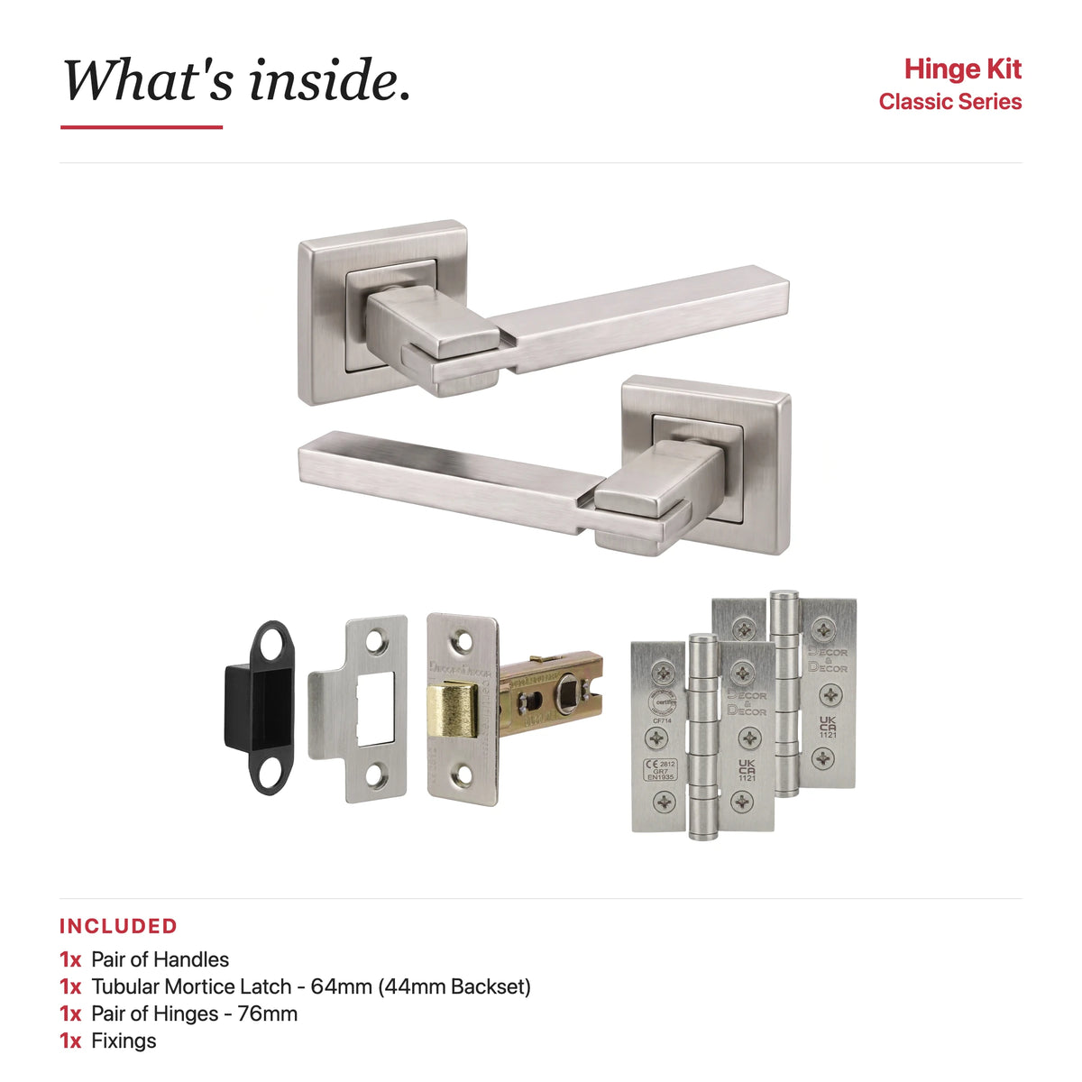 Nexus Satin Nickel Passage Door Lever Handles – showing what's included in the box