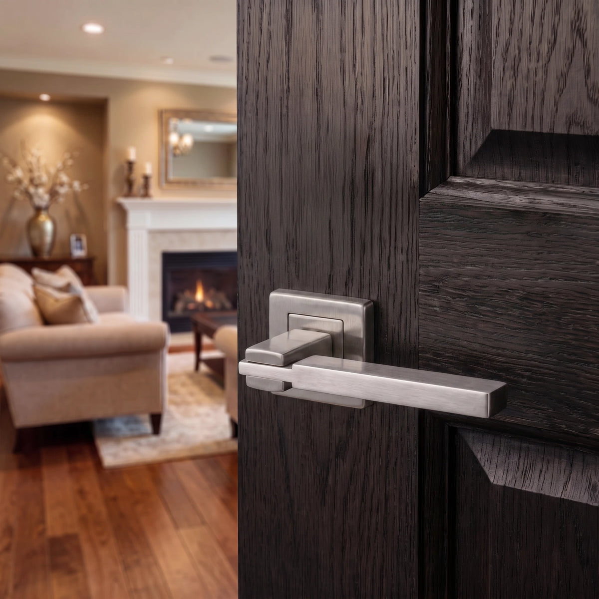 Nexus Satin Nickel Door Lever Handles – fitted on an interior door in a styled room setting 2