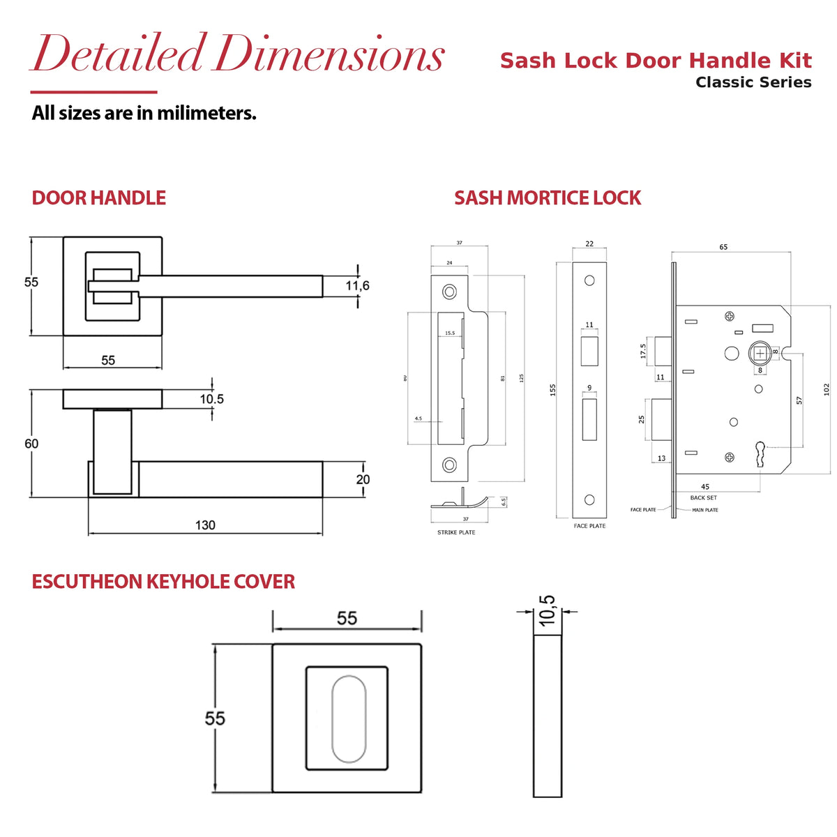 Nexus Satin Nickel Privacy Door Lever Handles – dimensions and measurements diagram