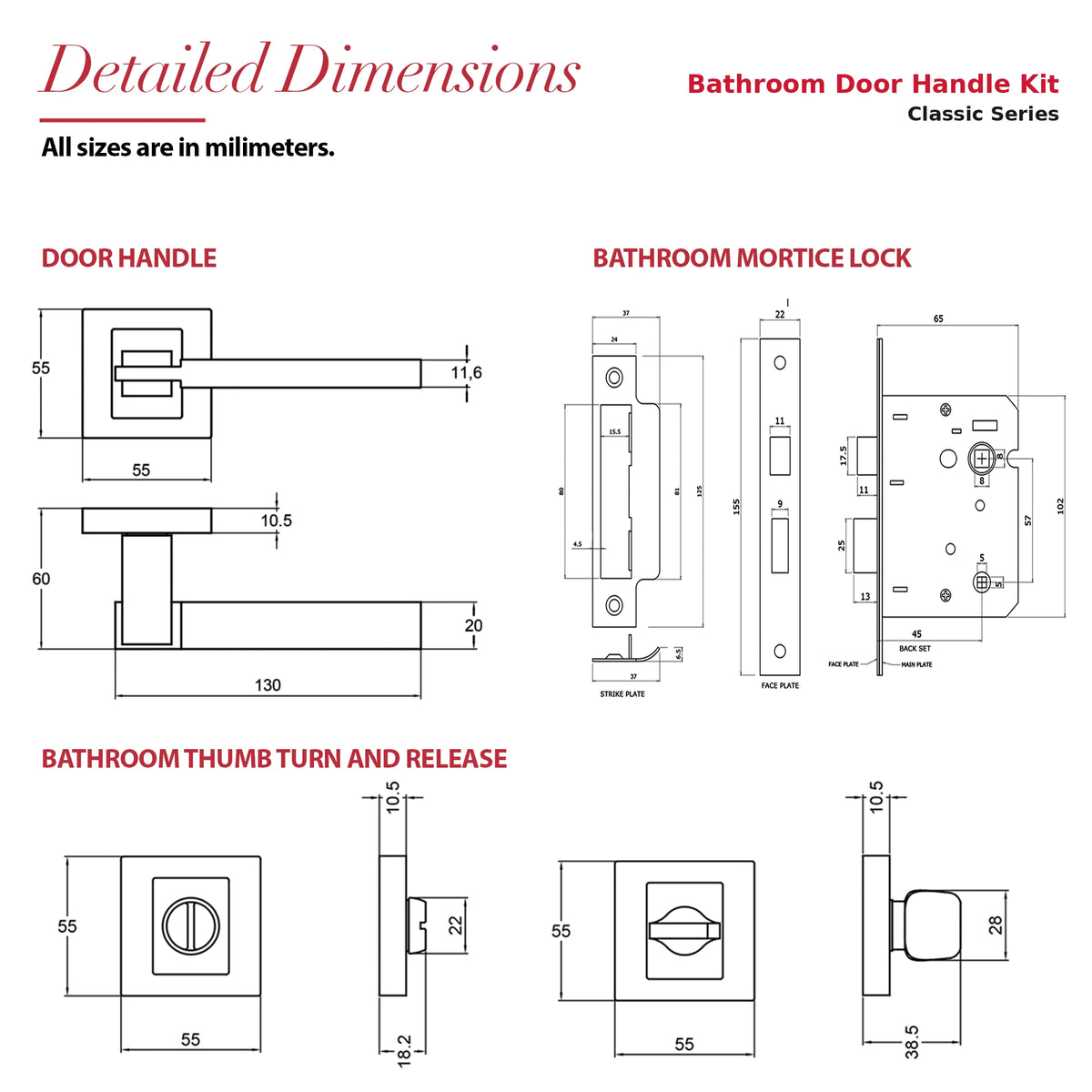 Nexus Duo Finish Bathroom Door Lever Handles – dimensions and measurements diagram