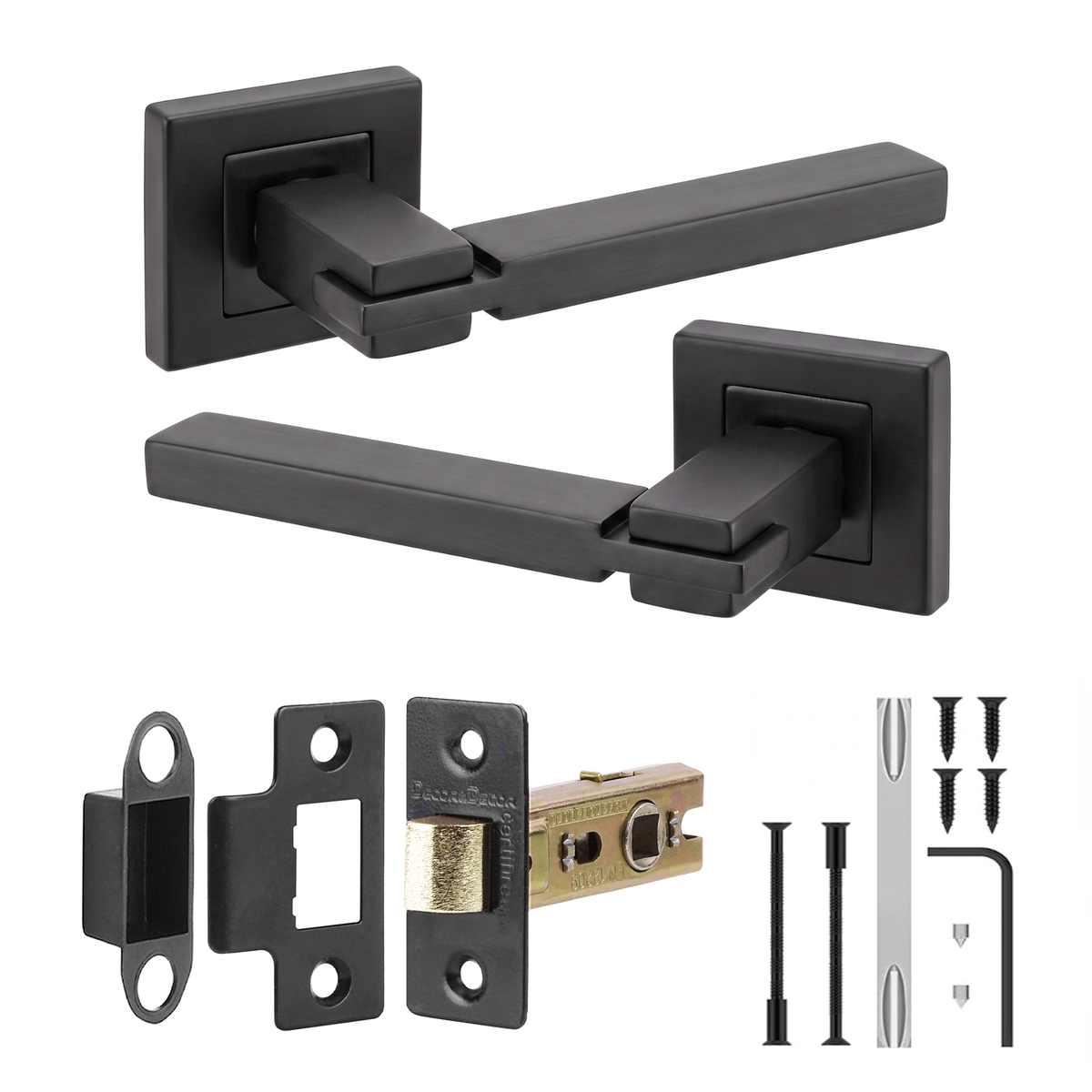 Nexus Matt Black Passage Door Lever Handles - Latch Kit 76mm