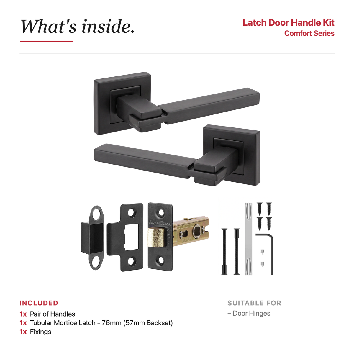 Nexus Matt Black Passage Door Lever Handles – showing what's included in the box