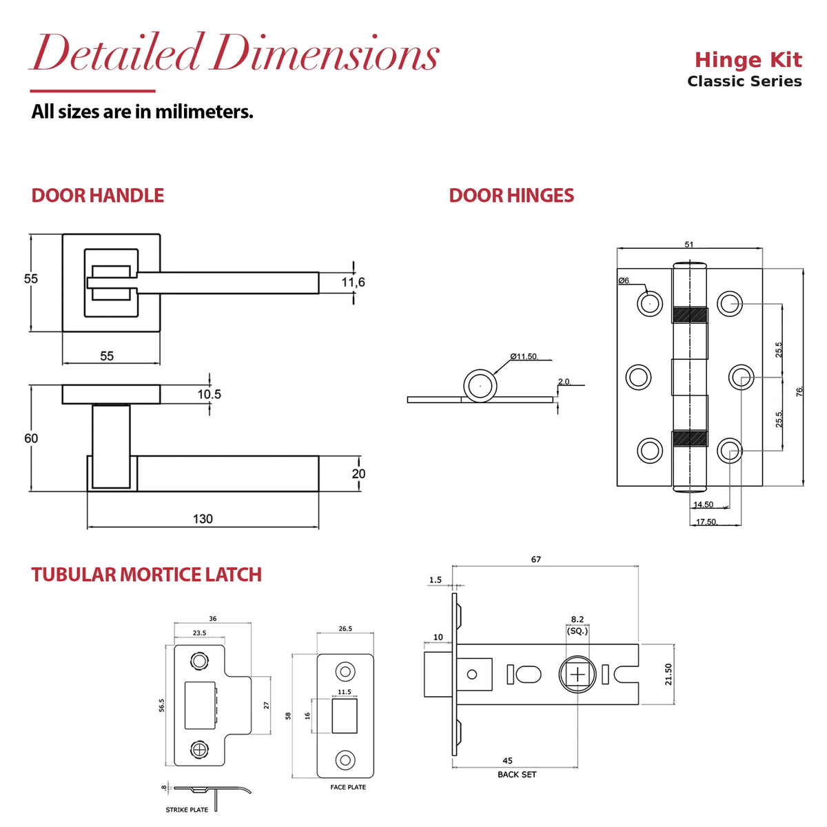 Nexus Matt Black Passage Door Lever Handles – dimensions and measurements diagram