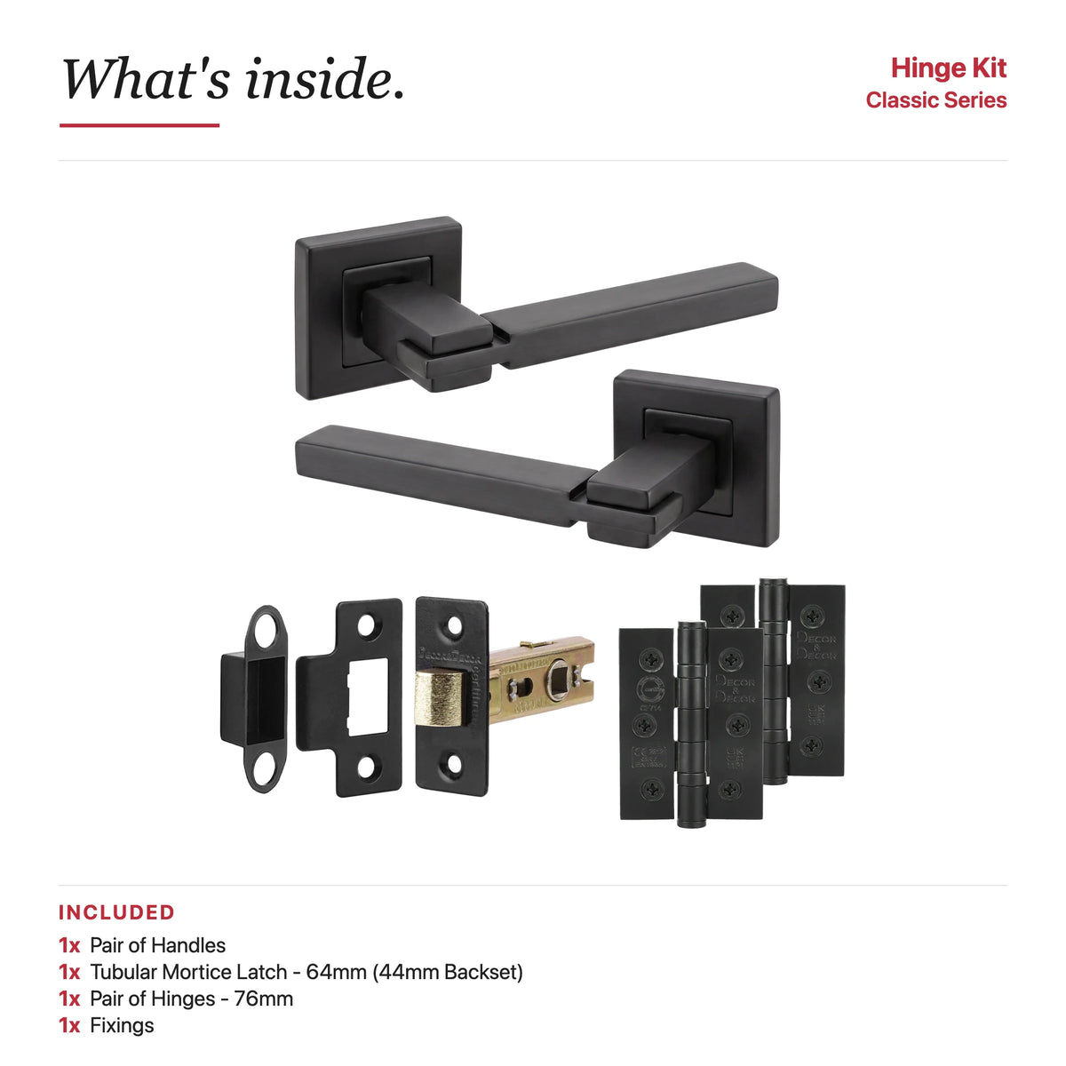 Nexus Matt Black Passage Door Lever Handles – showing what's included in the box