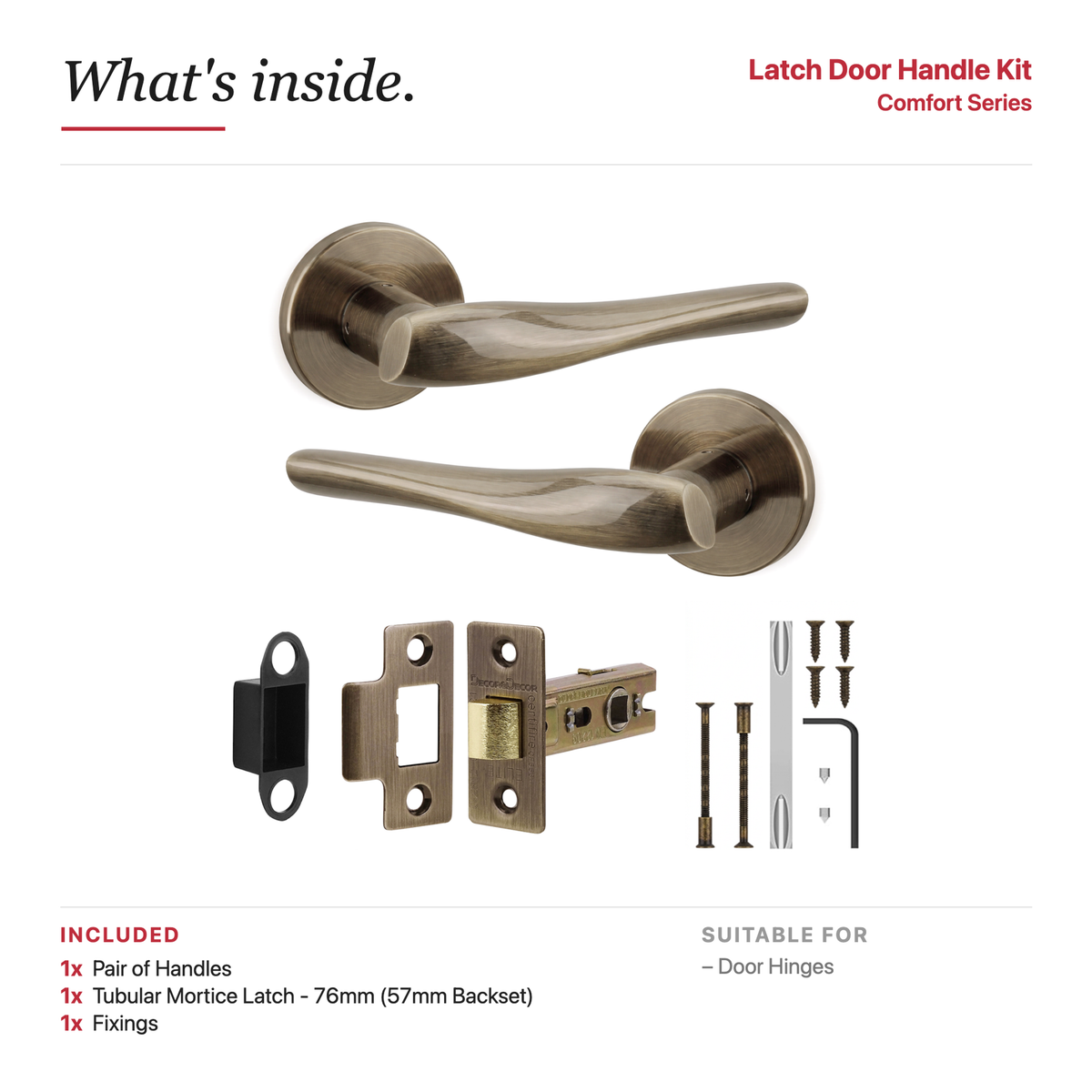 Nanda Antique Brass Passage Door Lever Handles – showing what's included in the box