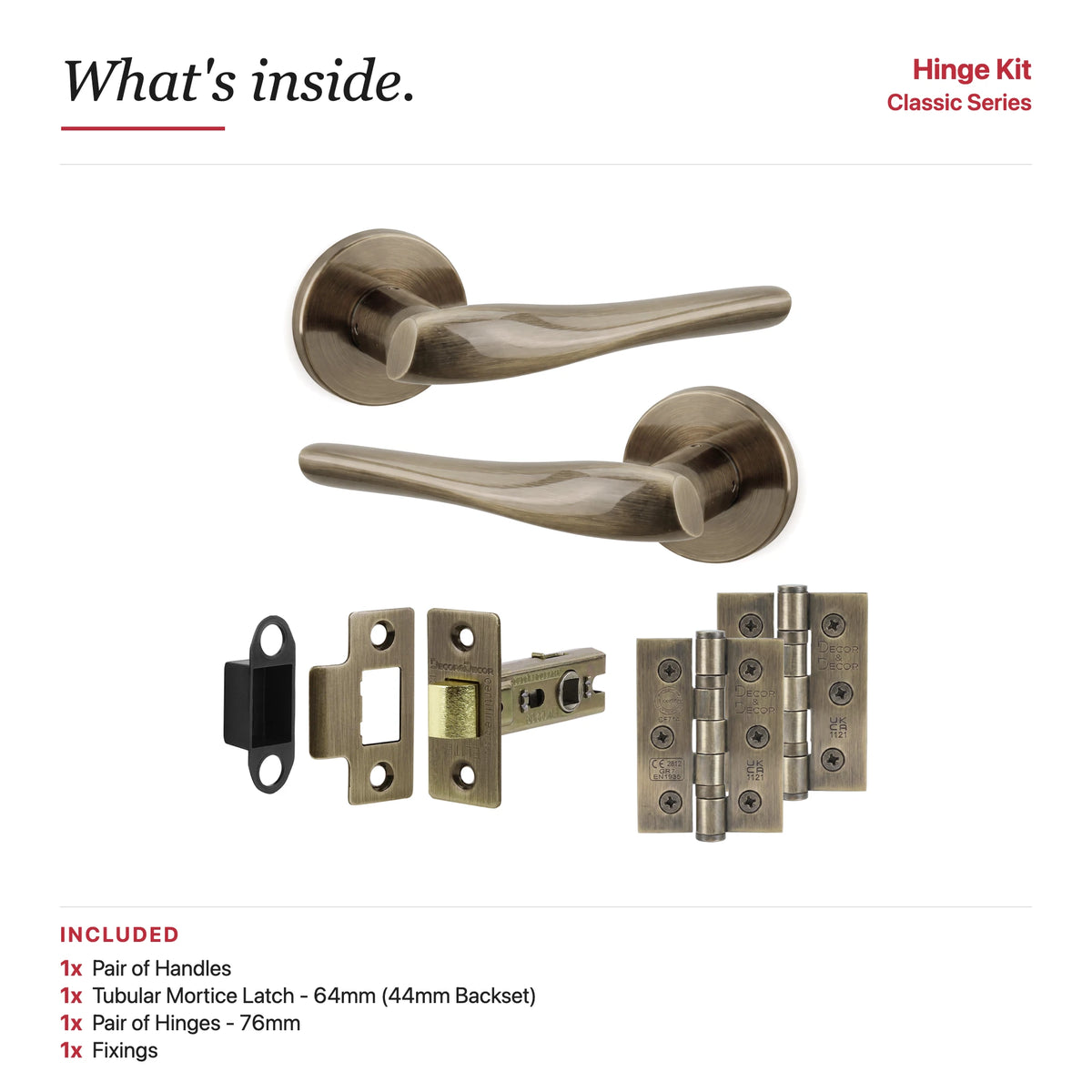 Nanda Antique Brass Passage Door Handles – showing what's included in the box