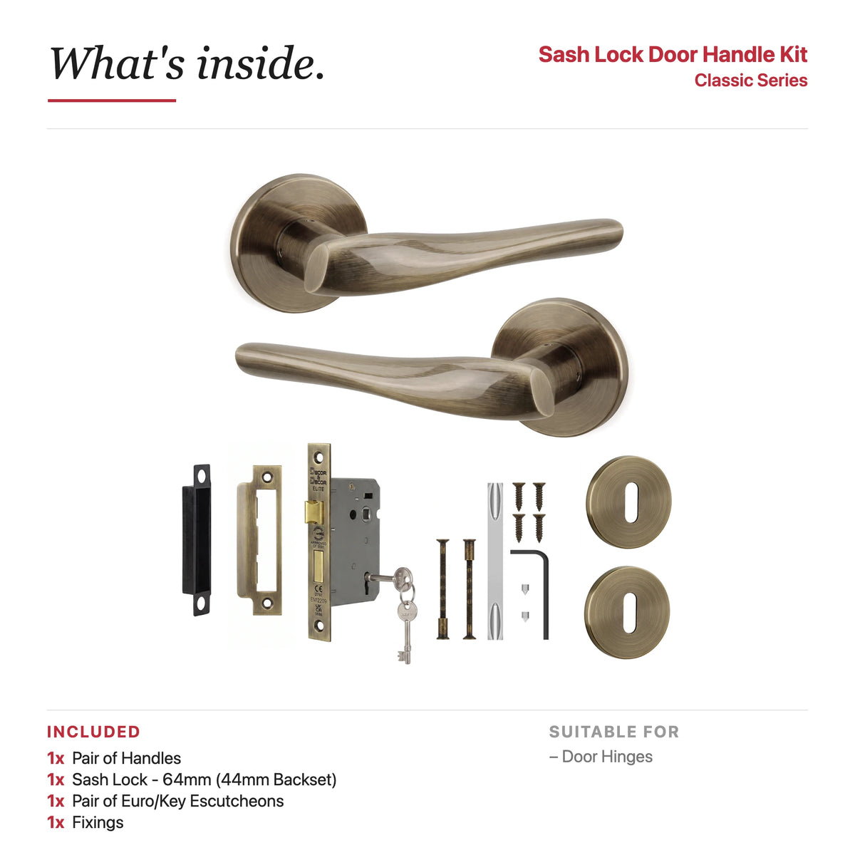 Nanda Antique Brass Privacy Door Handles – showing what's included in the box