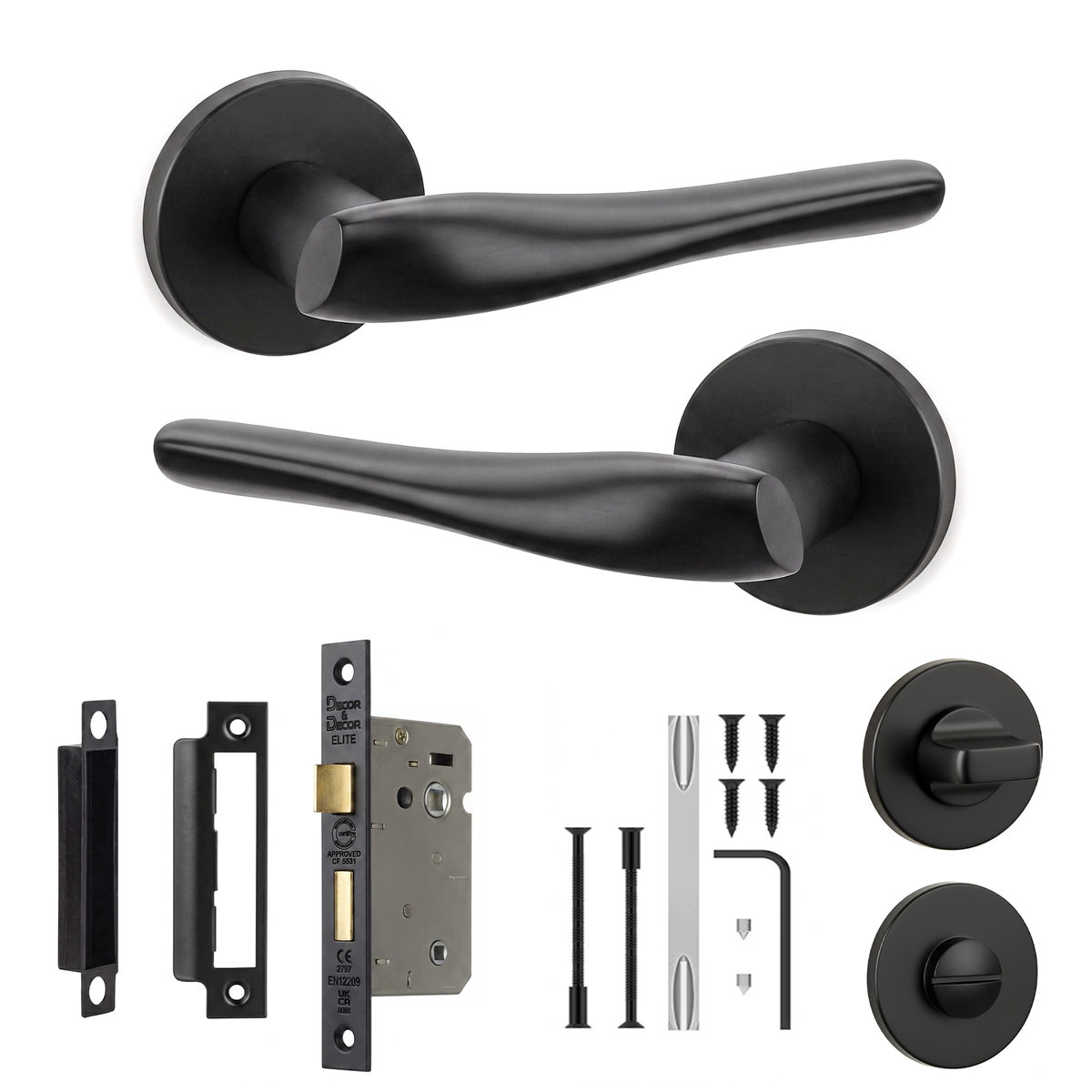 Nanda Matt Black Bathroom Door Lever Handles - Bathroom Kit 76mm
