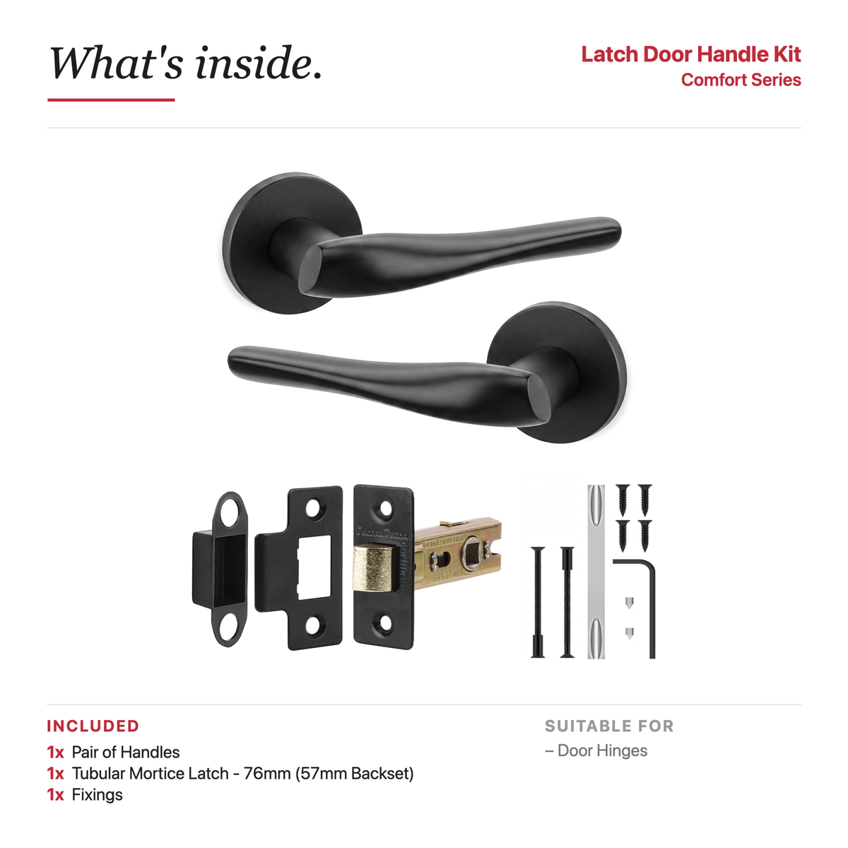 Nanda Matt Black Passage Door Lever Handles – showing what's included in the box