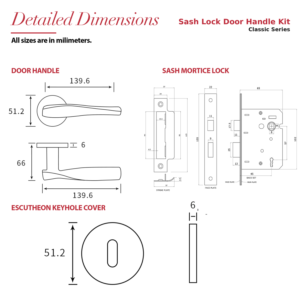 Nanda Matt Black Privacy Door Handles – dimensions and measurements diagram