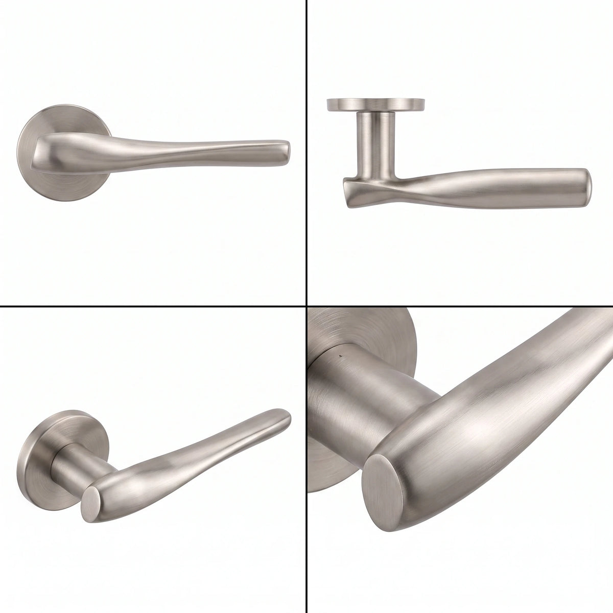 Nanda Satin Nickel Passage Door Handles – shown from multiple angles
