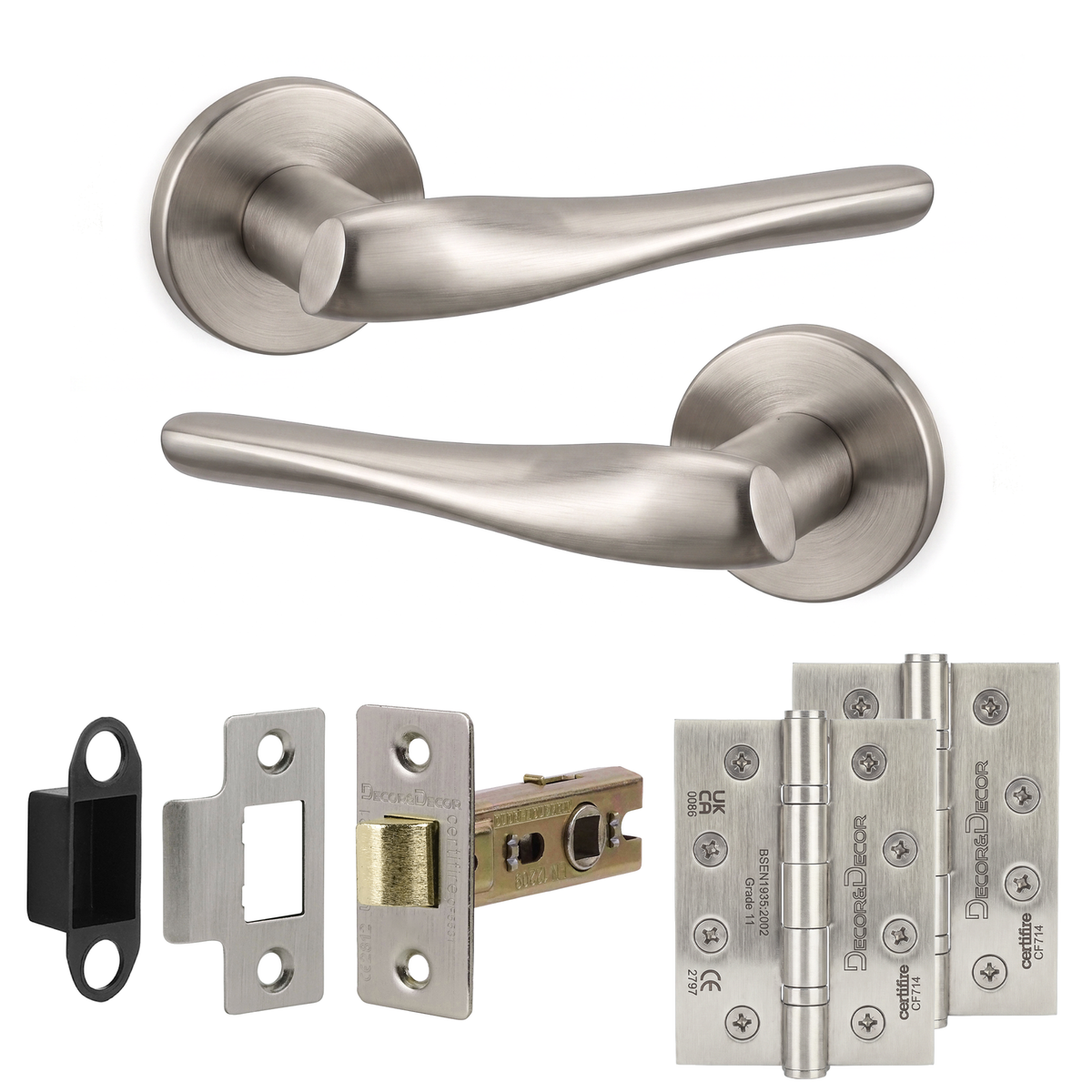 Nanda Satin Nickel Passage Door Lever Handles - Hinge Kit 102mm